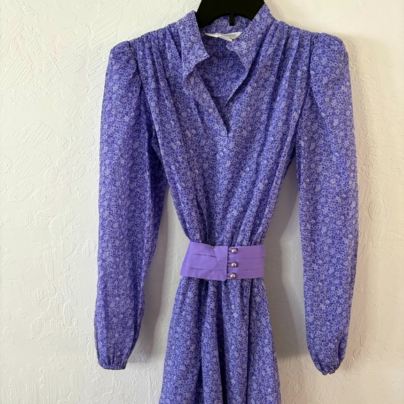 Vtg 70s Lavender Floral Maxi Dress Sz 10T JCPenney Fashions Semi Sheer Boho Belt - Picture 1 of 16